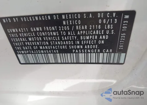 2013 Volkswagen Jetta 2.5L Se из США, поврежденный, VIN 3VWDP7AJ2DM454148